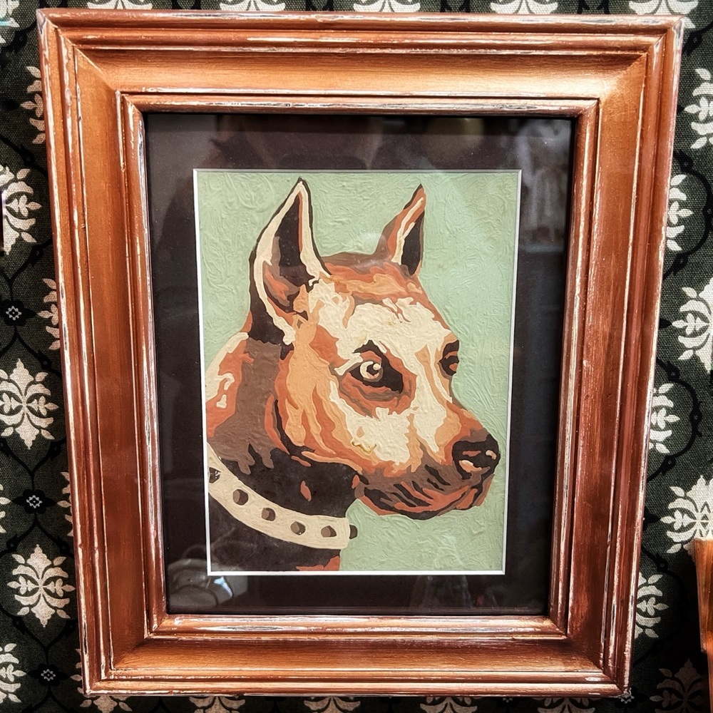 Vintage Paint by Number of dog, 11” by 13”.  Nicely framed and matted.